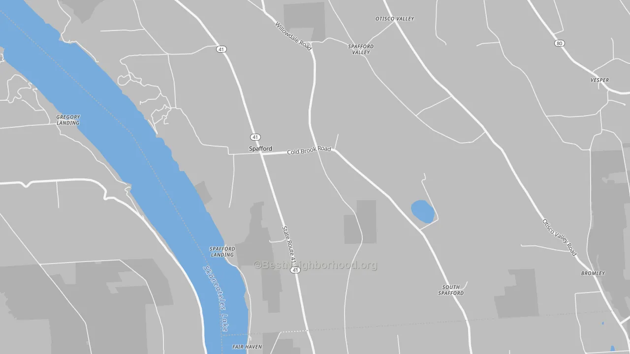 Walk Grade map of Spafford, NY, walkable areas in green and car-dependent areas in red