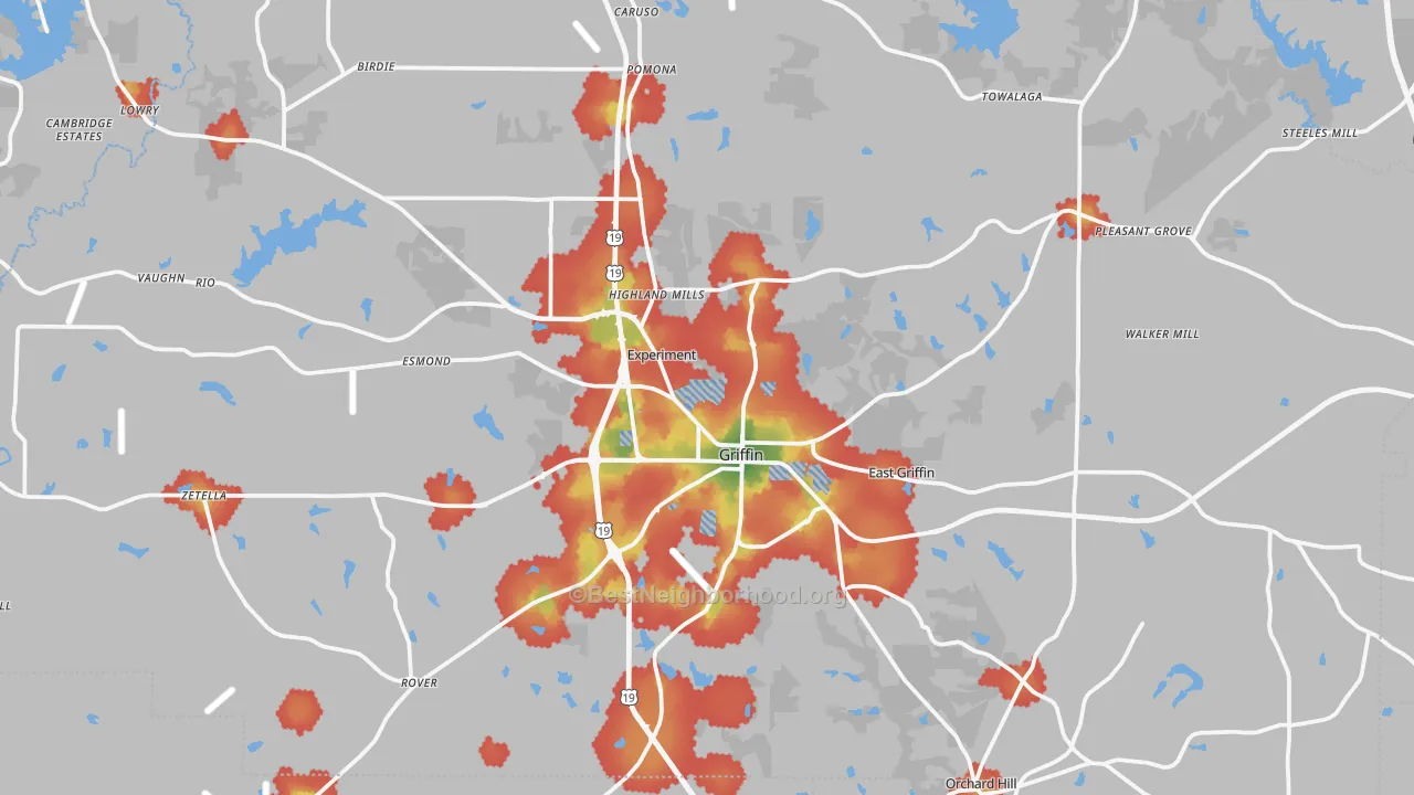 Walk Grade map of Spalding County, GA, walkable areas in green and car-dependent areas in red