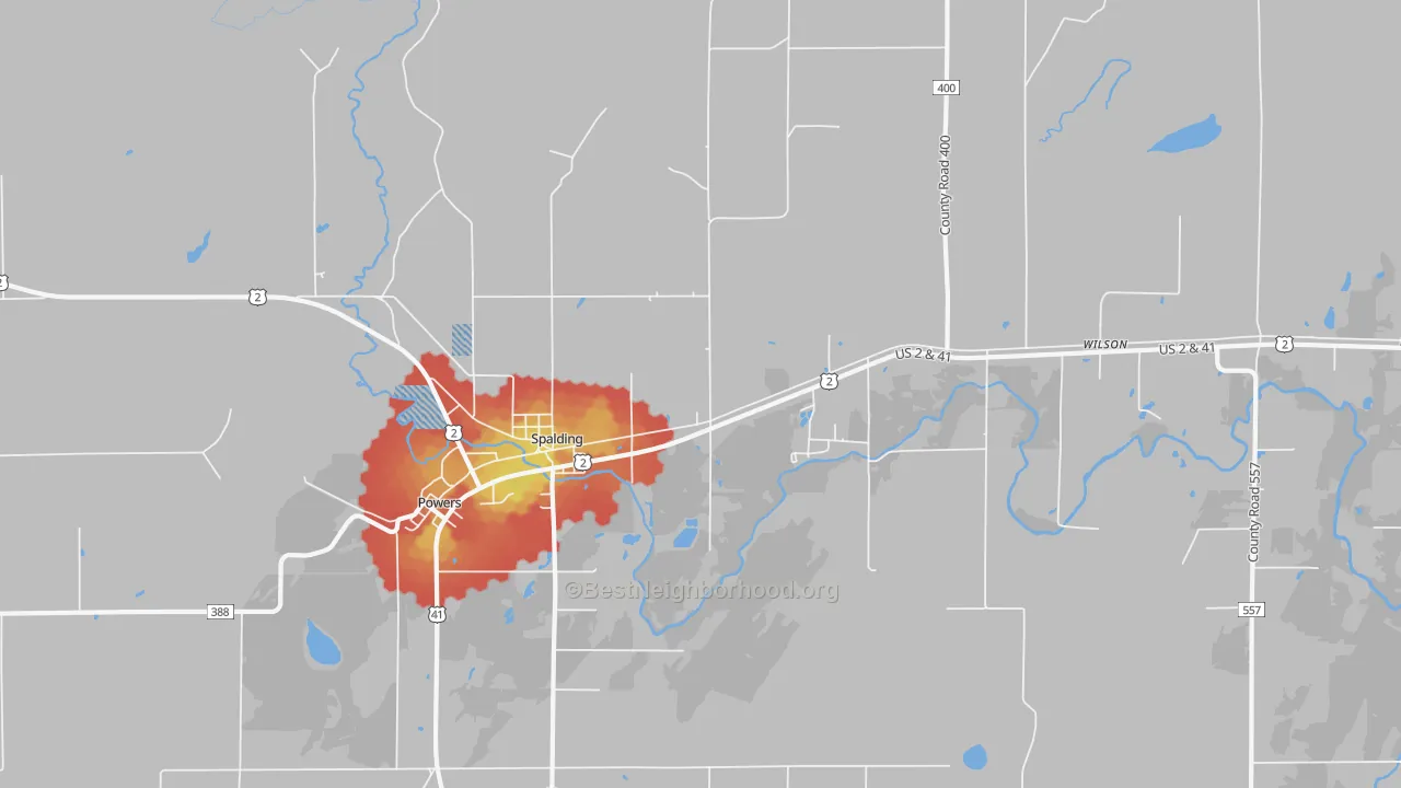 Walk Grade map of Spalding, MI, walkable areas in green and car-dependent areas in red
