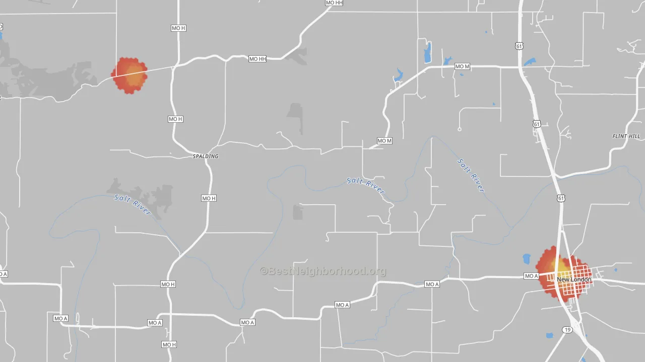 Walk Grade map of Spalding, MO, walkable areas in green and car-dependent areas in red