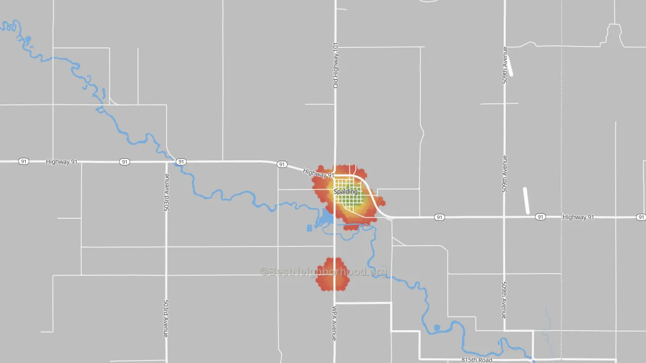 Walk Grade map of Spalding, NE, walkable areas in green and car-dependent areas in red