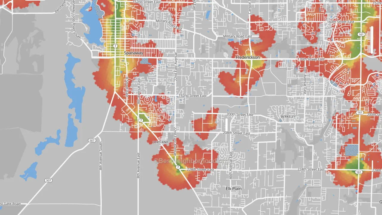 Walk Grade map of Spanaway, WA, walkable areas in green and car-dependent areas in red