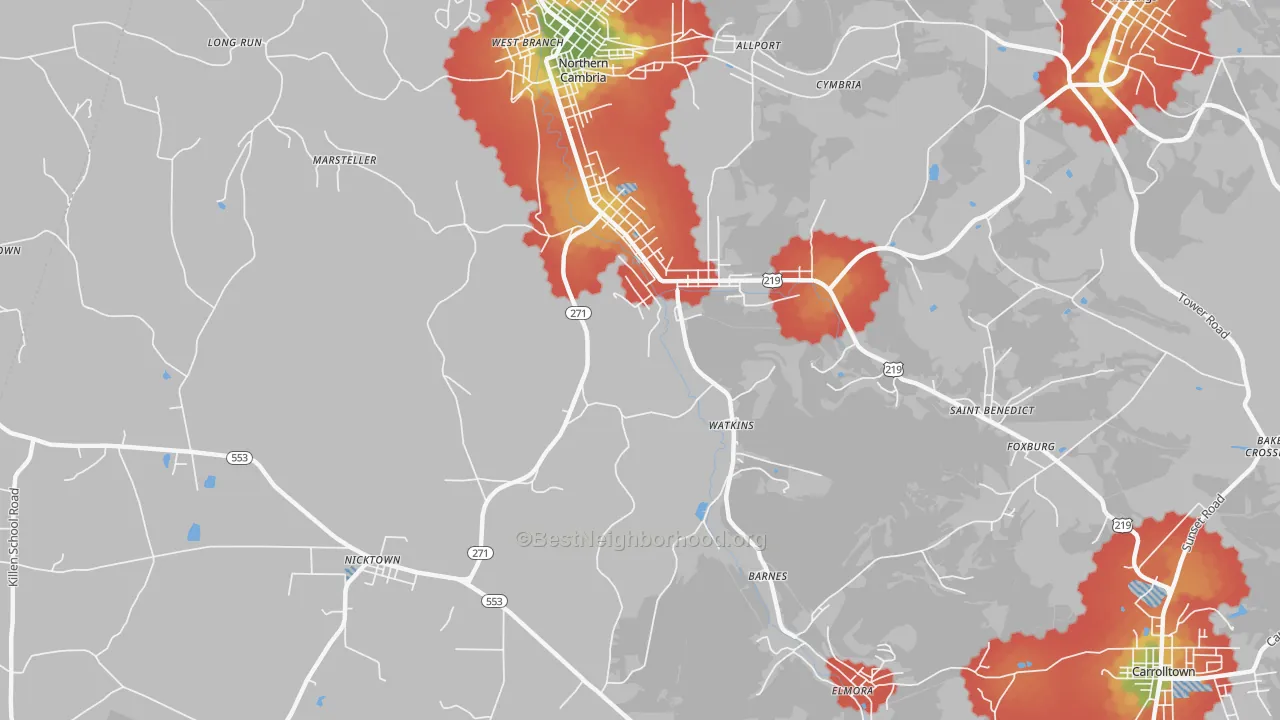 Walk Grade map of Spangler, PA, walkable areas in green and car-dependent areas in red