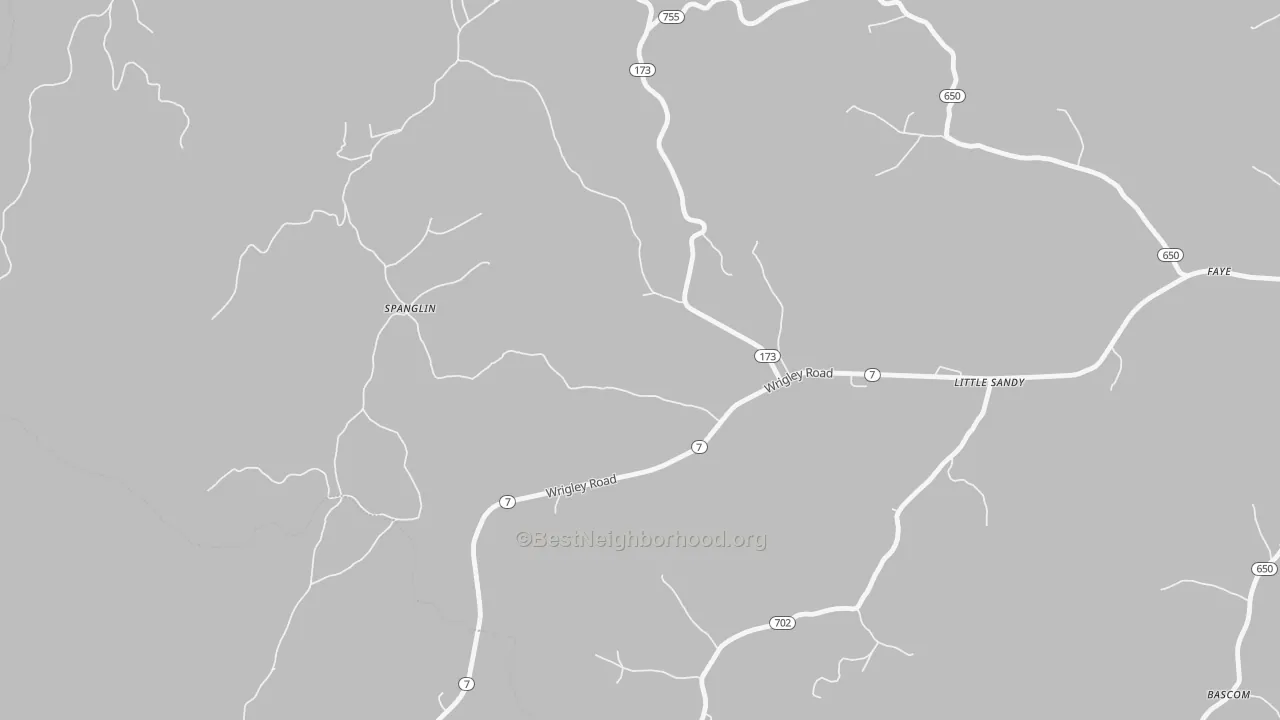 Walk Grade map of Spanglin, KY, walkable areas in green and car-dependent areas in red