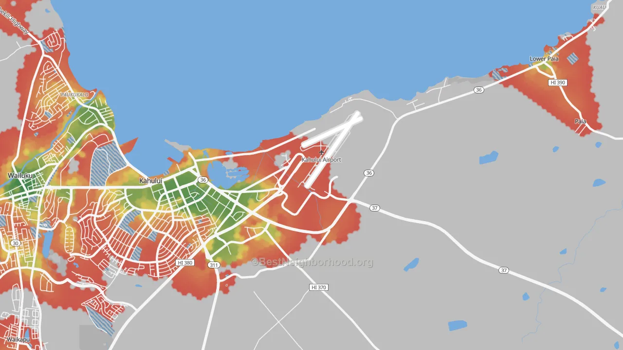 Walk Grade map of Spanish B Village, HI, walkable areas in green and car-dependent areas in red