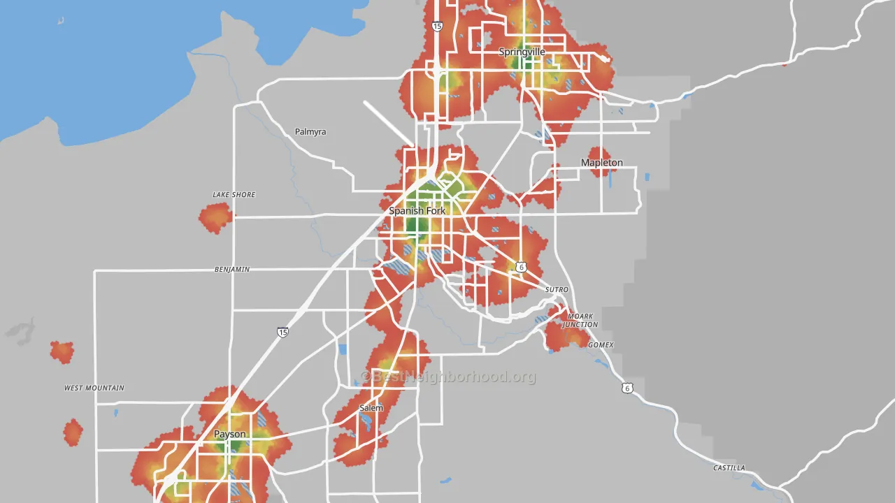 Walk Grade map of Spanish Fork, UT, walkable areas in green and car-dependent areas in red