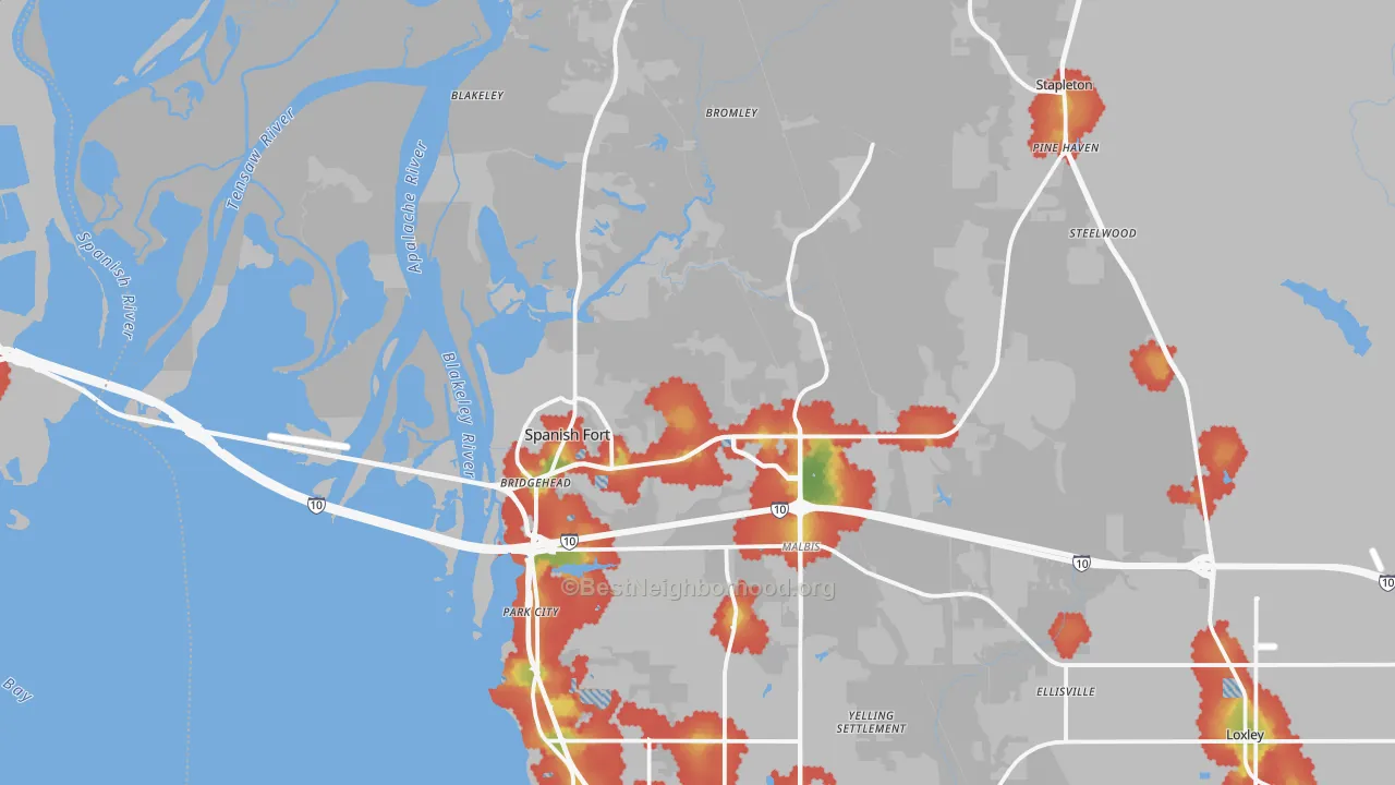 Walk Grade map of Spanish Fort, AL, walkable areas in green and car-dependent areas in red