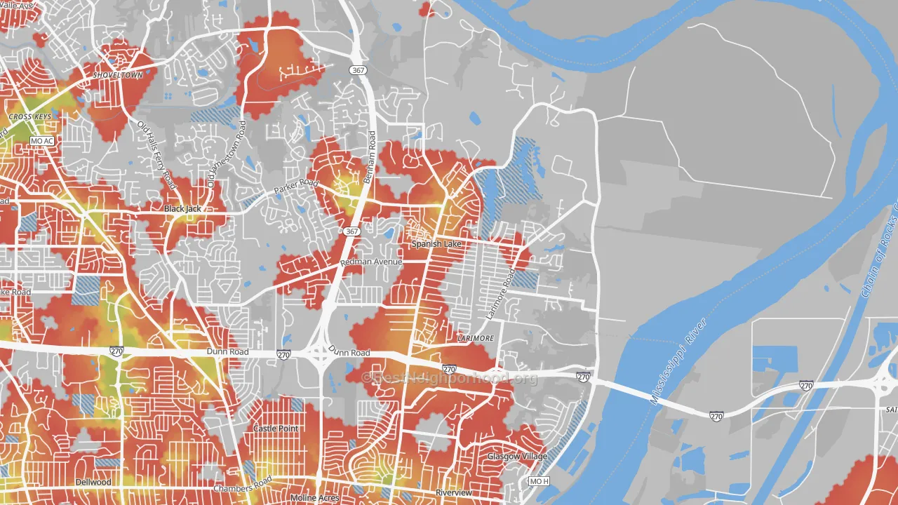 Walk Grade map of Spanish Lake, MO, walkable areas in green and car-dependent areas in red