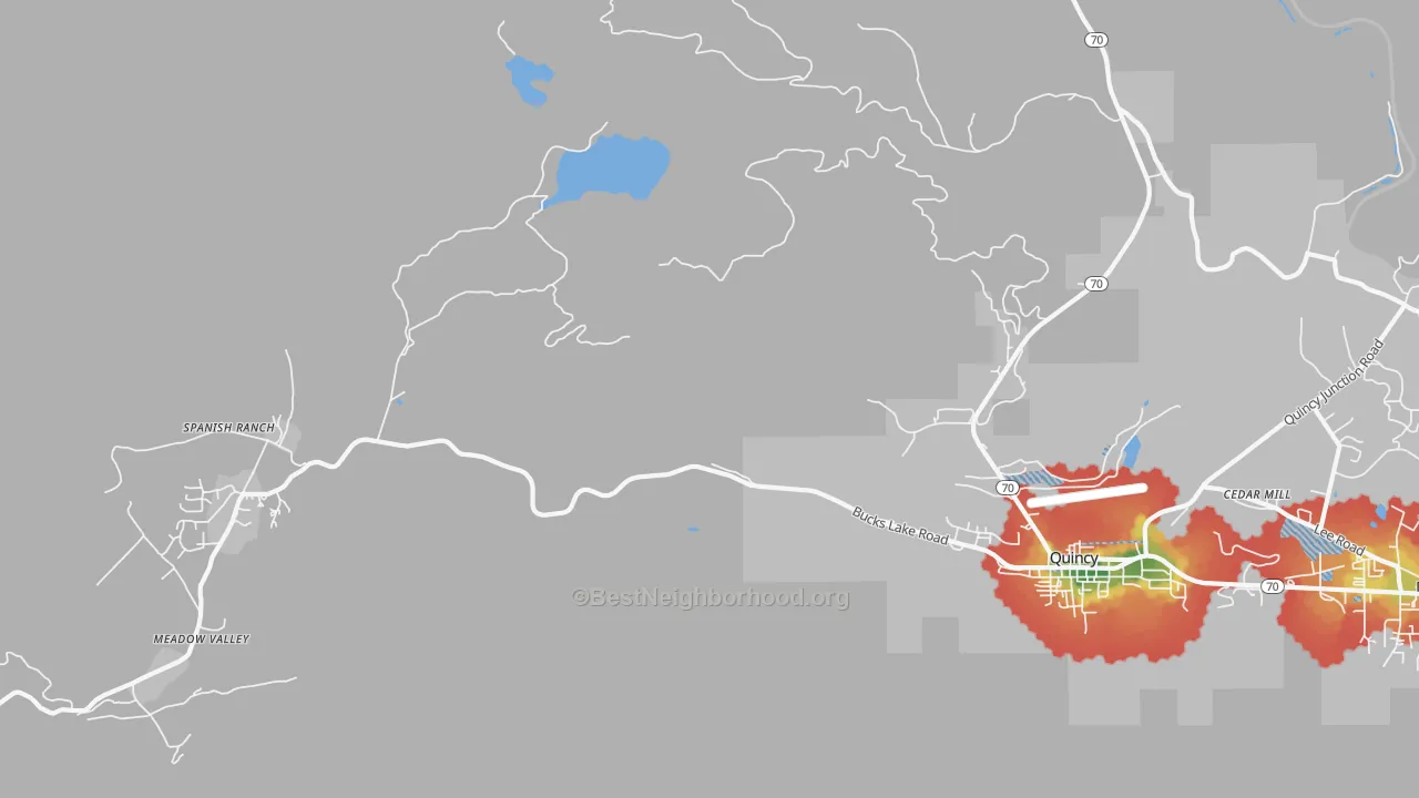 Walk Grade map of Spanish Ranch, CA, walkable areas in green and car-dependent areas in red