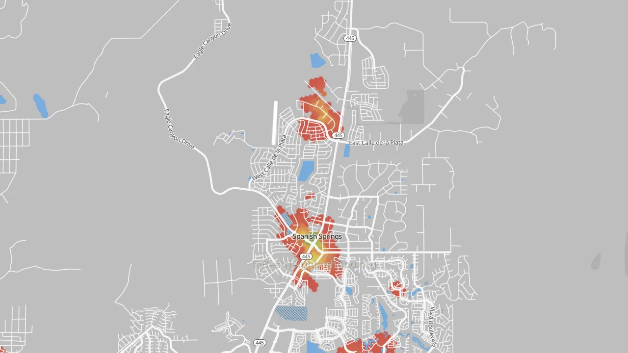 Walk Grade map of Spanish Springs, NV, walkable areas in green and car-dependent areas in red
