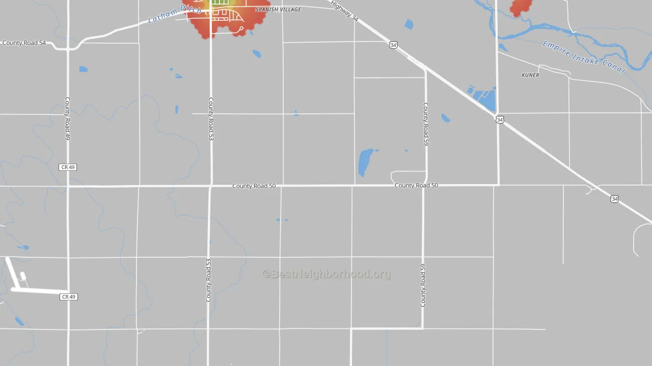 Walk Grade map of Spanish Village, CO, walkable areas in green and car-dependent areas in red