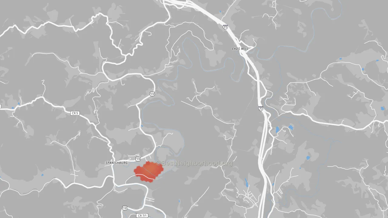 Walk Grade map of Spanishburg, WV, walkable areas in green and car-dependent areas in red