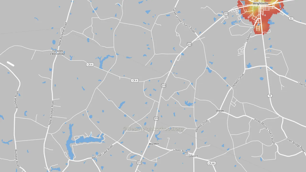 Walk Grade map of Spann, GA, walkable areas in green and car-dependent areas in red