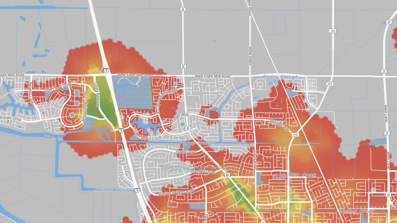 Walk Grade map of Spanos Park, Stockton, CA, walkable areas in green and car-dependent areas in red