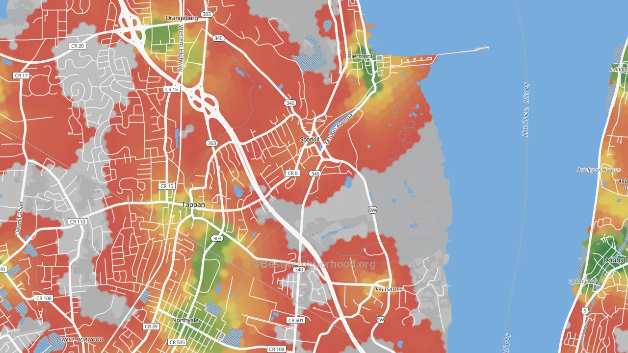 Walk Grade map of Sparkill, NY, walkable areas in green and car-dependent areas in red