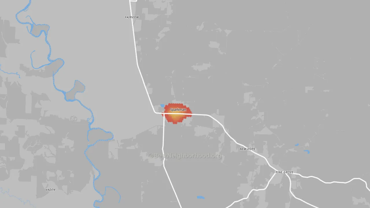 Walk Grade map of Sparkman, AR, walkable areas in green and car-dependent areas in red