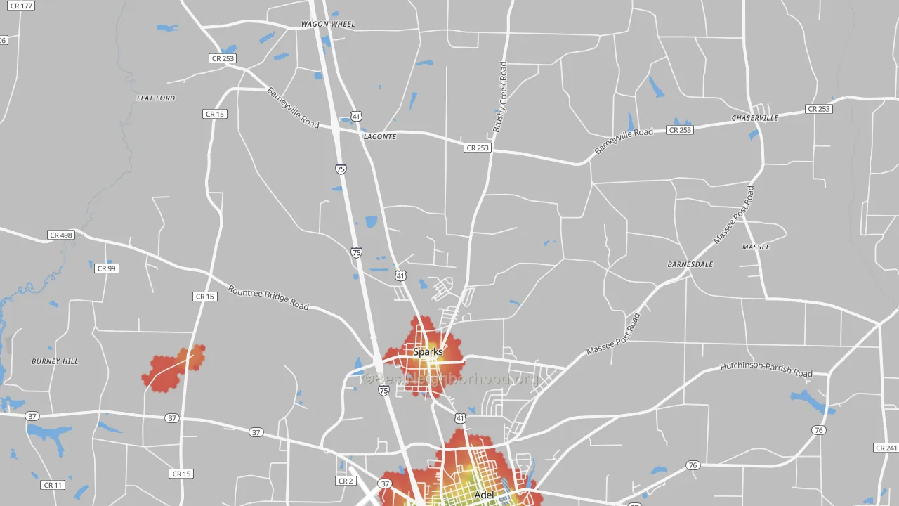 Walk Grade map of Sparks, GA, walkable areas in green and car-dependent areas in red