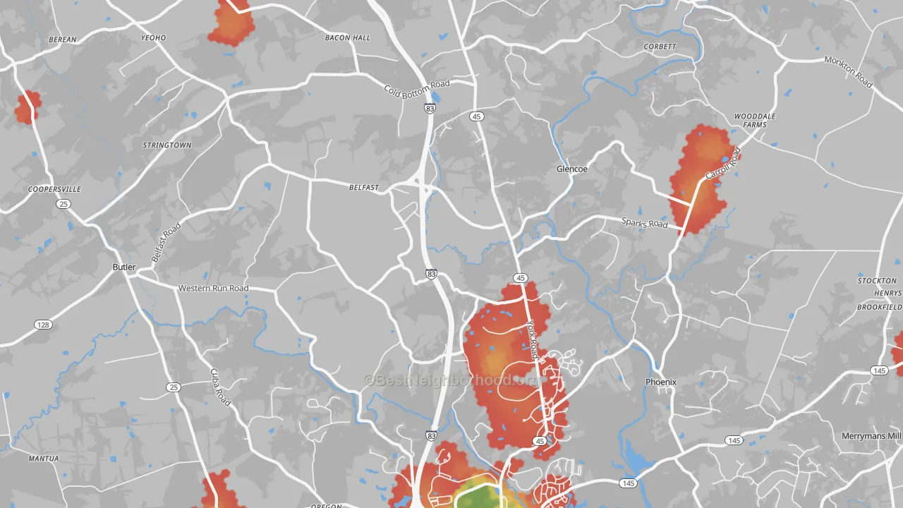 Walk Grade map of Sparks Glencoe, MD, walkable areas in green and car-dependent areas in red