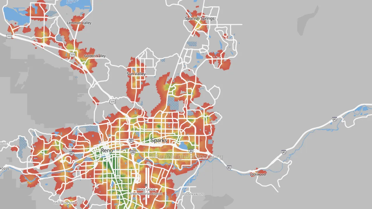 Walk Grade map of Sparks, NV, walkable areas in green and car-dependent areas in red