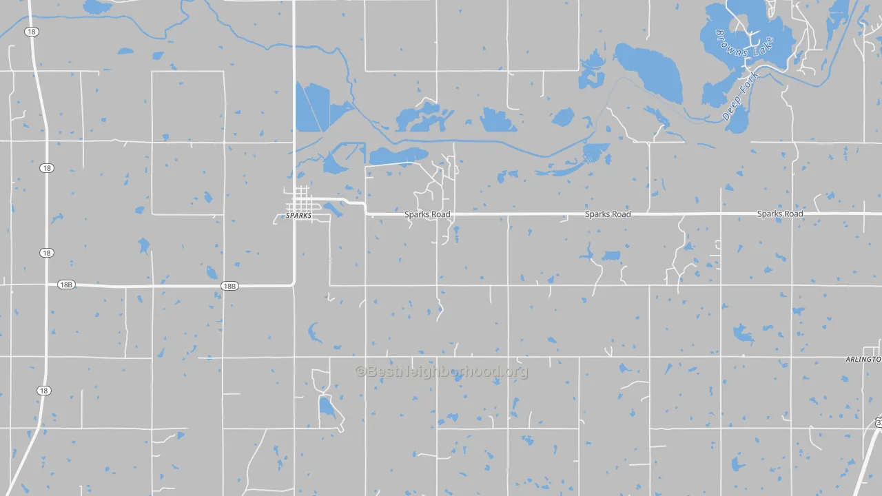 Walk Grade map of Sparks, OK, walkable areas in green and car-dependent areas in red