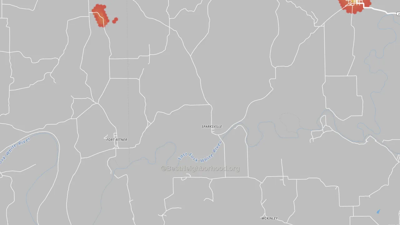 Walk Grade map of Sparksville, IN, walkable areas in green and car-dependent areas in red
