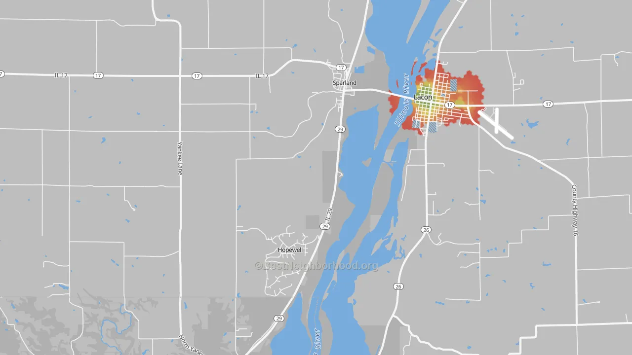 Walk Grade map of Sparland, IL, walkable areas in green and car-dependent areas in red