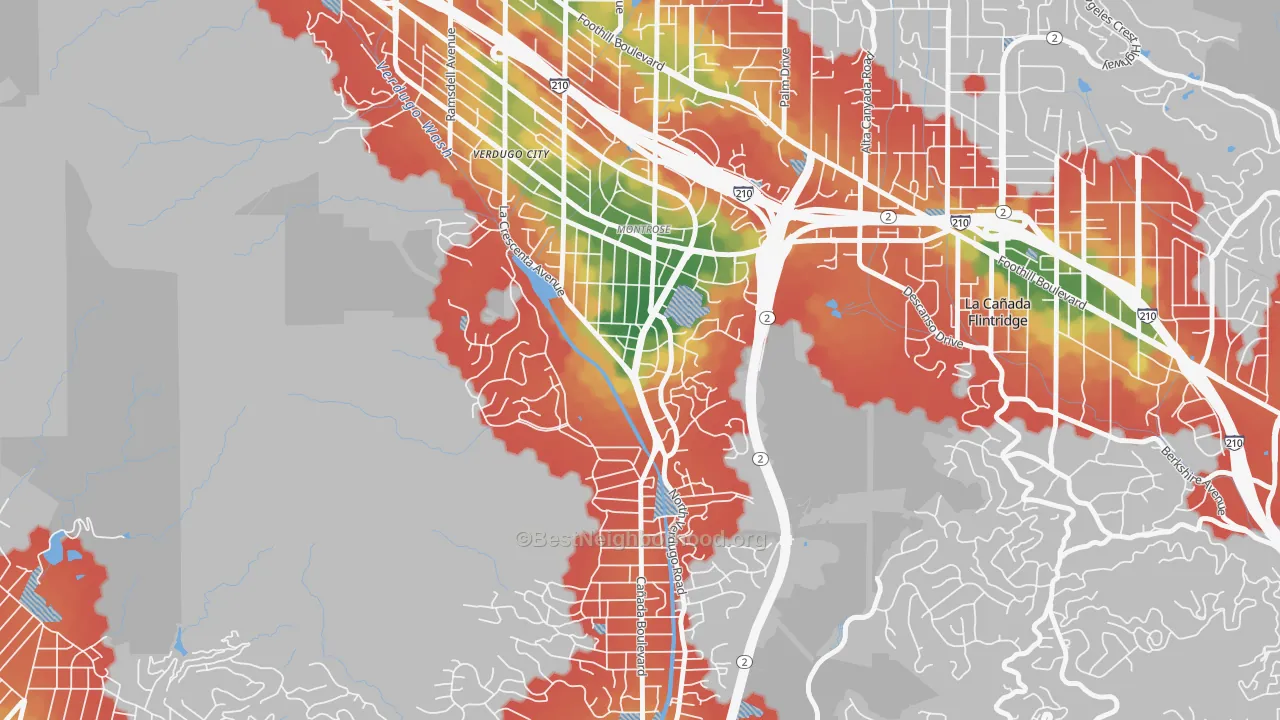 Walk Grade map of Sparr Heights, Glendale, CA, walkable areas in green and car-dependent areas in red