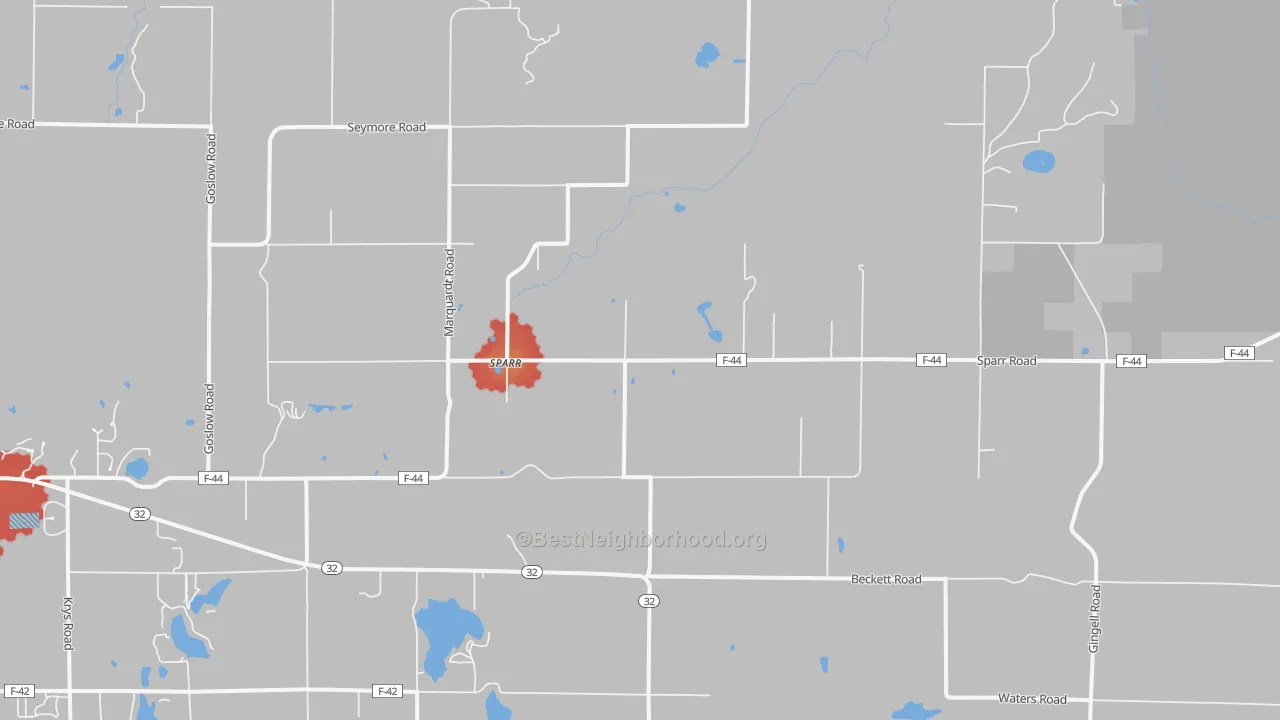 Walk Grade map of Sparr, MI, walkable areas in green and car-dependent areas in red