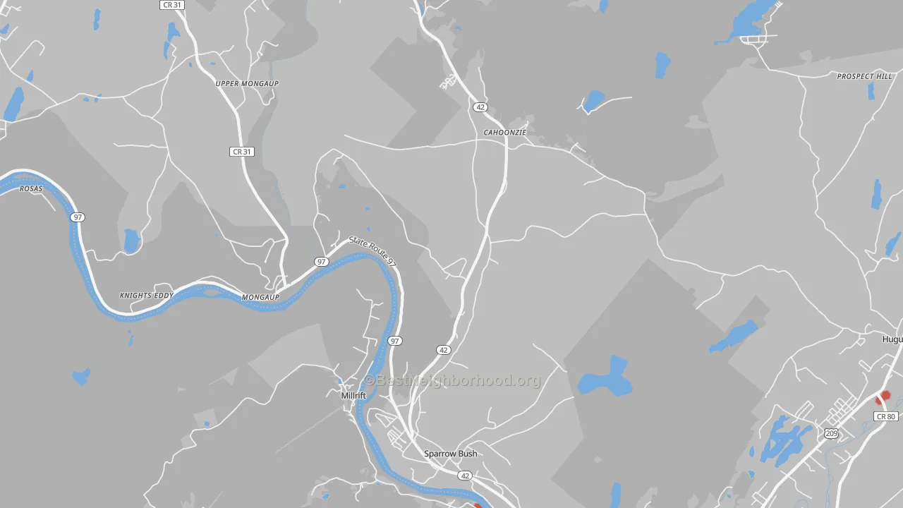 Walk Grade map of Sparrow Bush, NY, walkable areas in green and car-dependent areas in red
