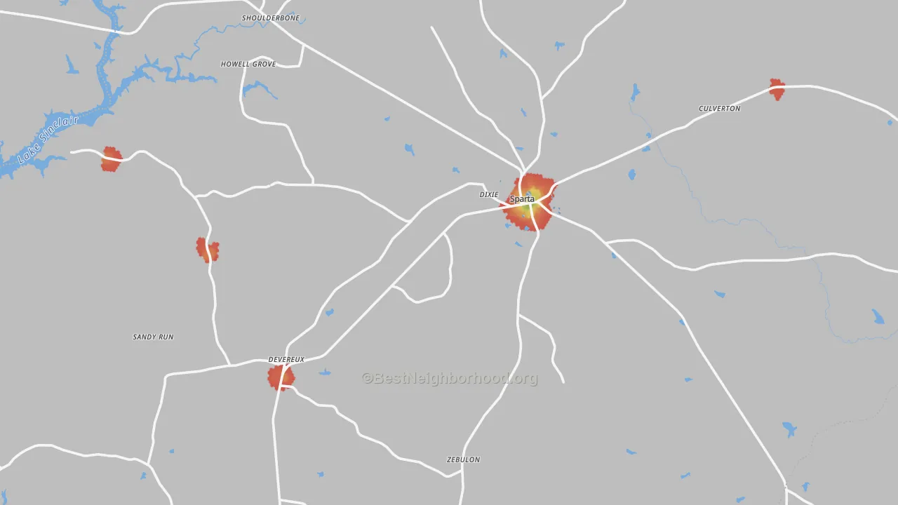 Walk Grade map of Sparta, GA, walkable areas in green and car-dependent areas in red