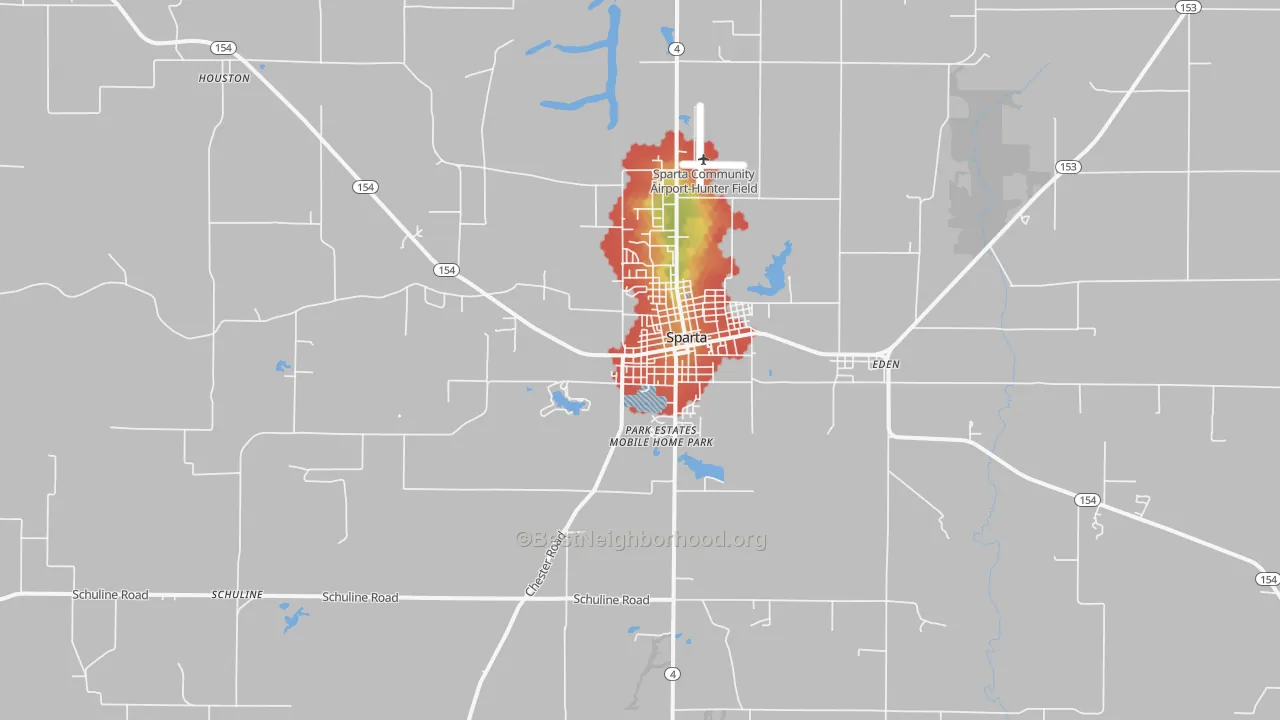Walk Grade map of Sparta, IL, walkable areas in green and car-dependent areas in red