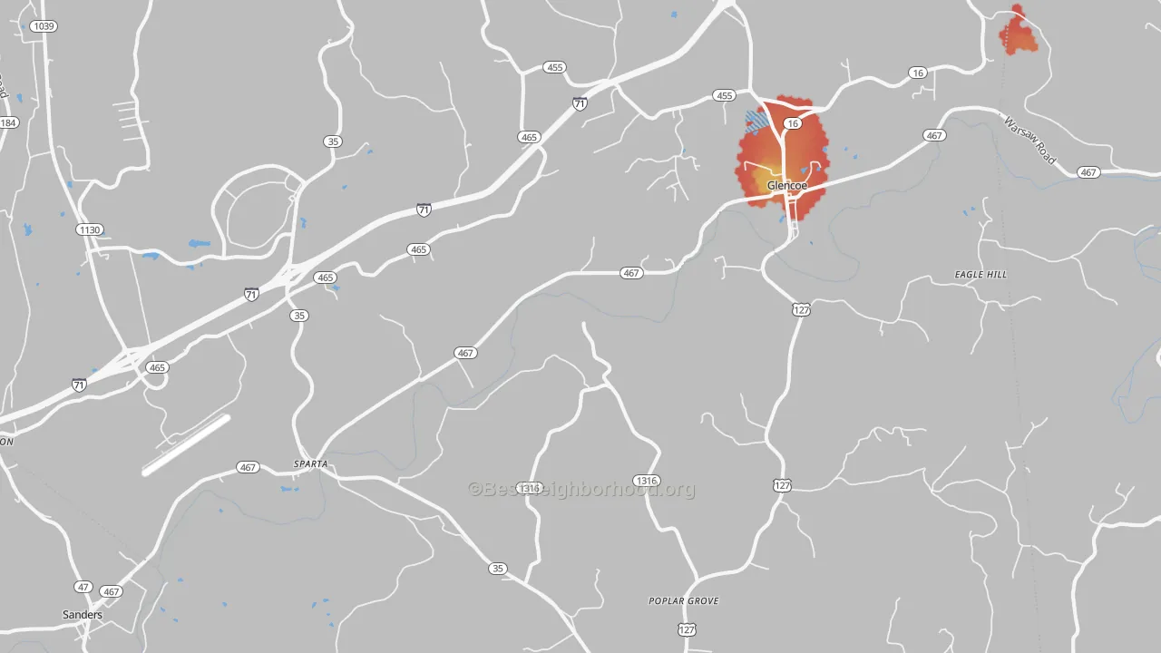Walk Grade map of Sparta, KY, walkable areas in green and car-dependent areas in red
