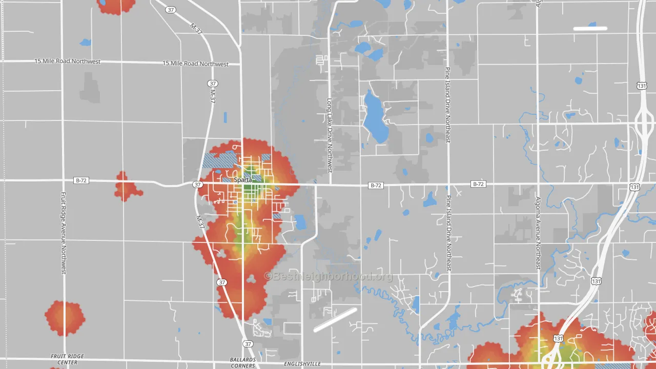 Walk Grade map of Sparta, MI, walkable areas in green and car-dependent areas in red