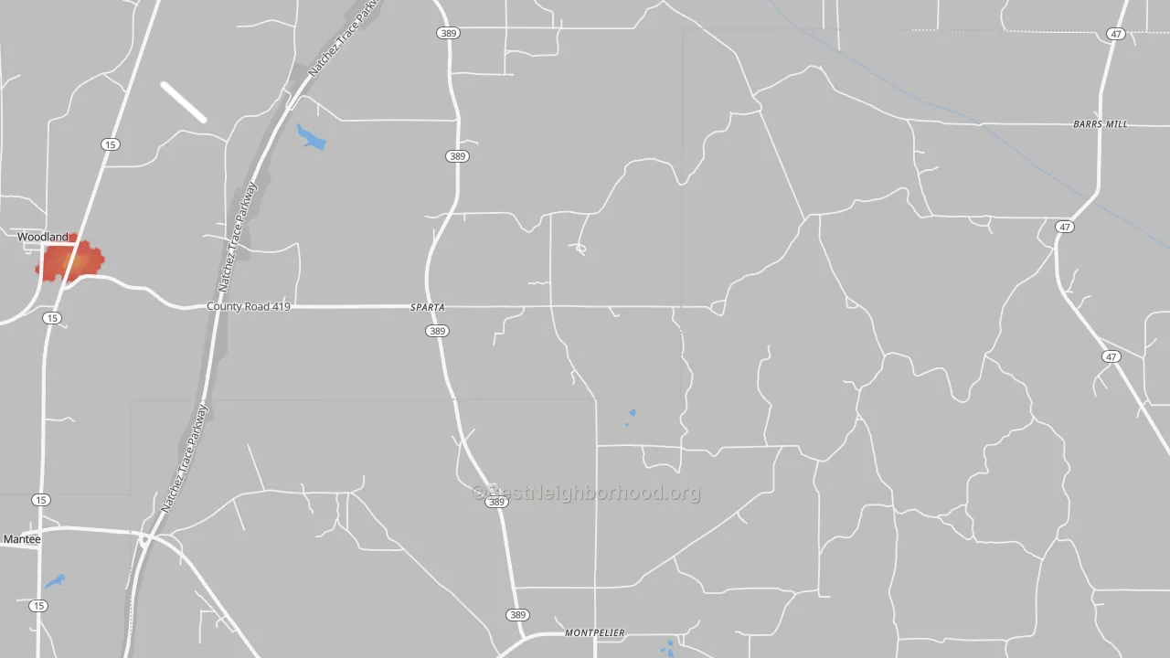 Walk Grade map of Sparta, MS, walkable areas in green and car-dependent areas in red