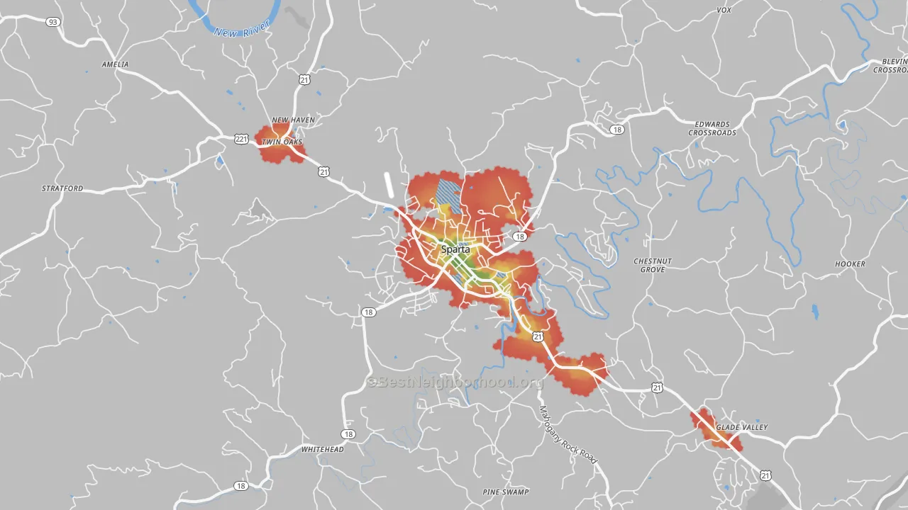 Walk Grade map of Sparta, NC, walkable areas in green and car-dependent areas in red