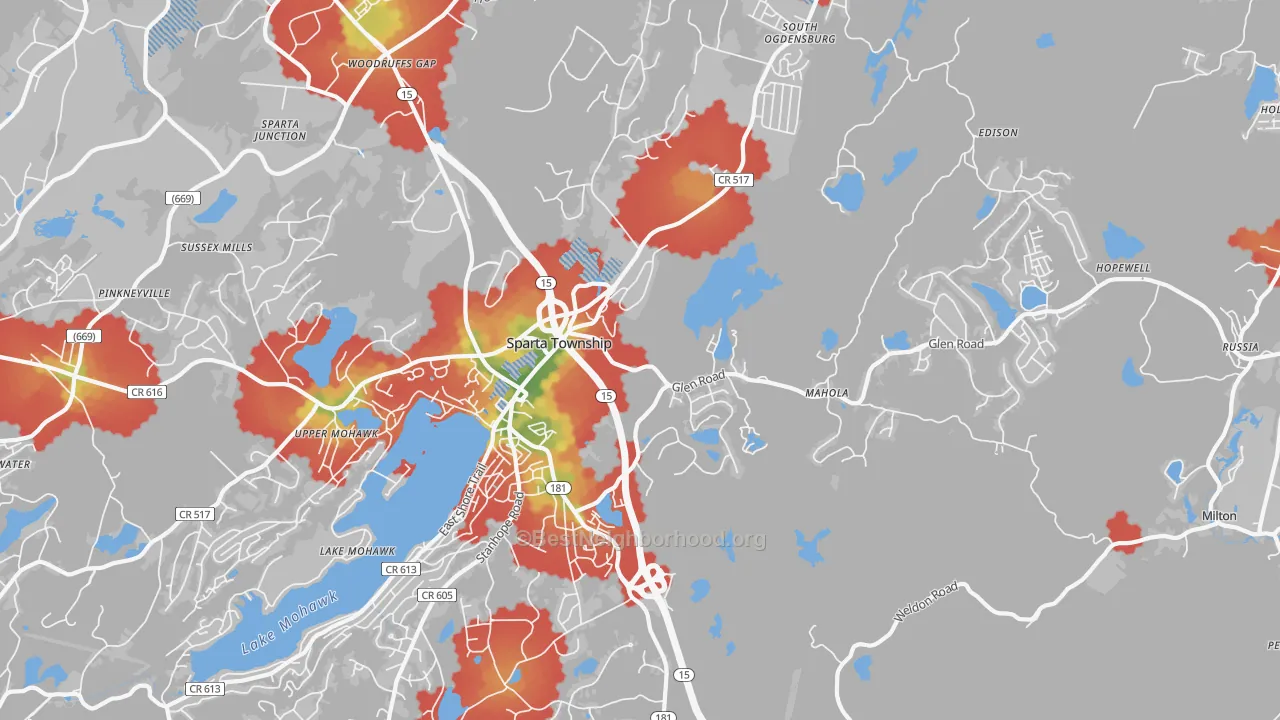 Walk Grade map of Sparta, NJ, walkable areas in green and car-dependent areas in red