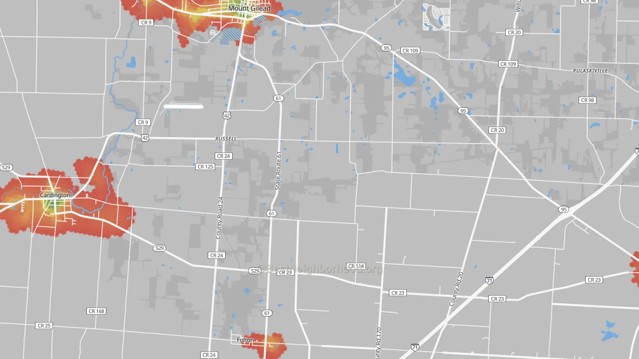 Walk Grade map of Sparta, OH, walkable areas in green and car-dependent areas in red