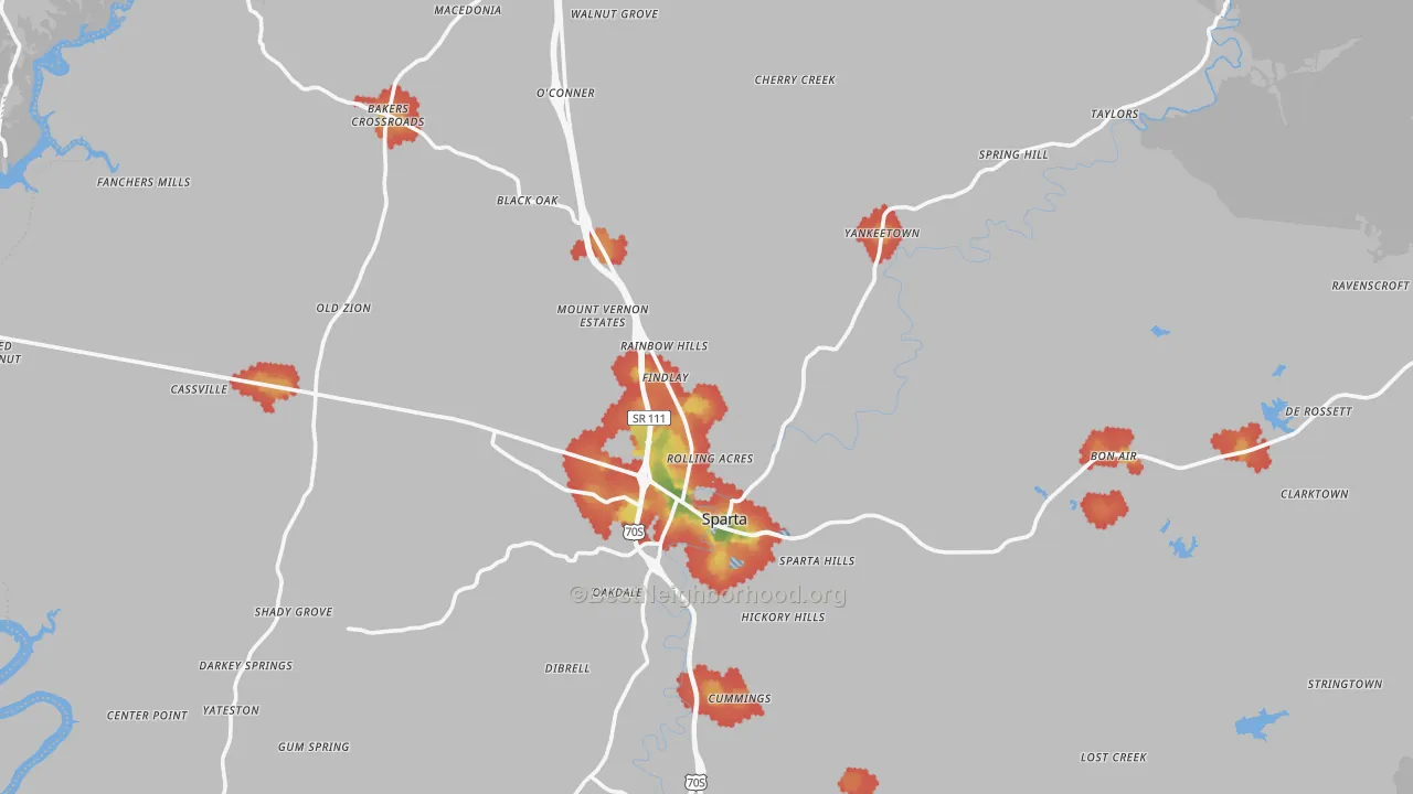 Walk Grade map of Sparta, TN, walkable areas in green and car-dependent areas in red