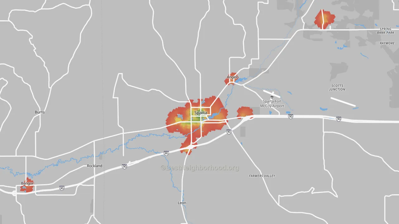 Walk Grade map of Sparta, WI, walkable areas in green and car-dependent areas in red