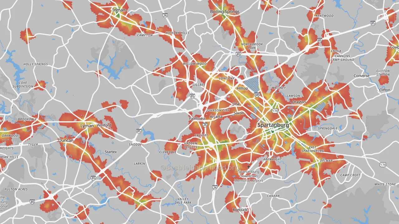 Walk Grade map of Spartanburg County, SC, walkable areas in green and car-dependent areas in red