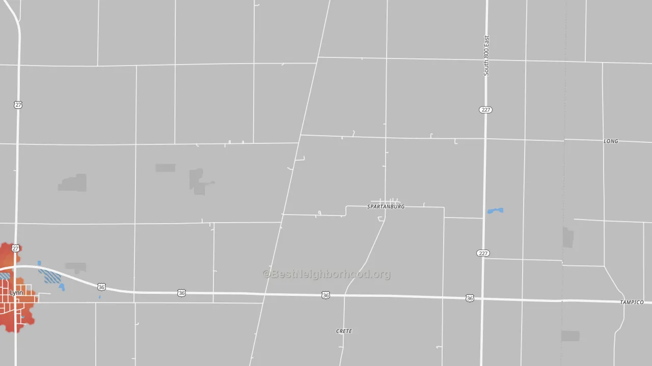 Walk Grade map of Spartanburg, IN, walkable areas in green and car-dependent areas in red