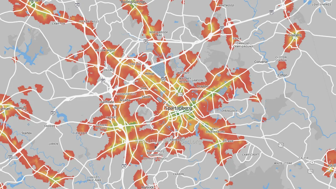 Walk Grade map of Spartanburg, SC, walkable areas in green and car-dependent areas in red