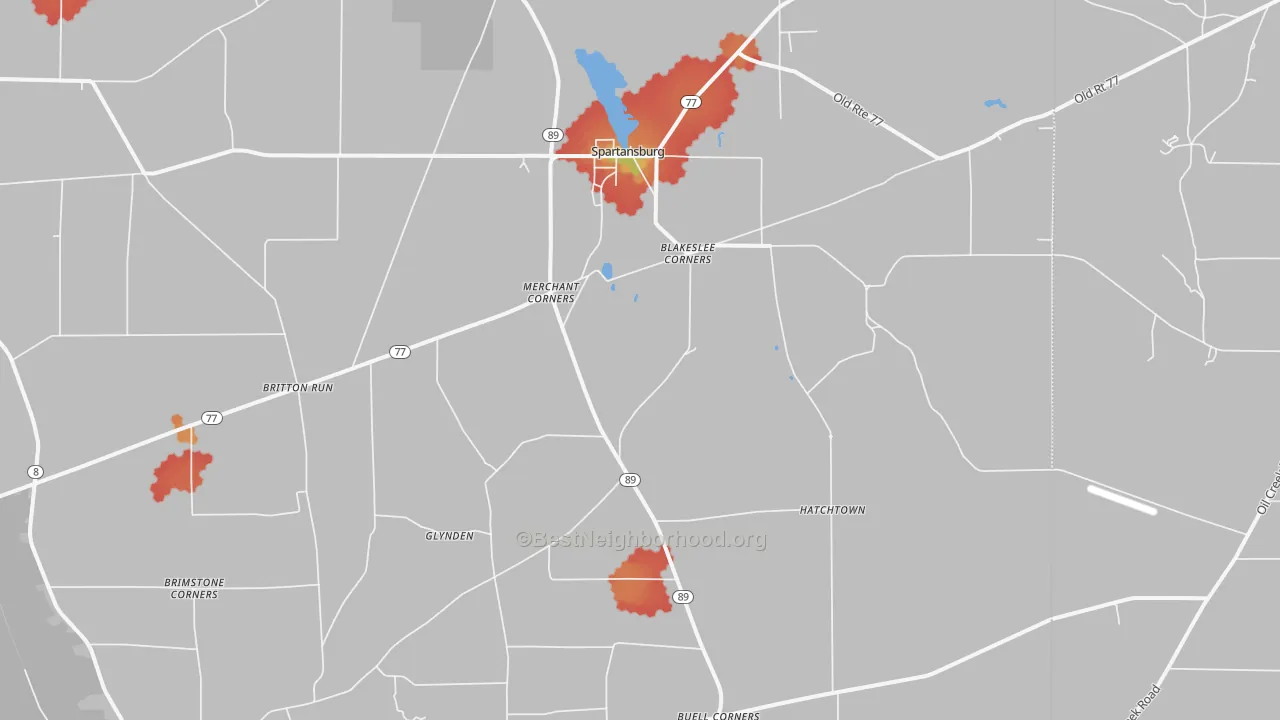 Walk Grade map of Spartansburg, PA, walkable areas in green and car-dependent areas in red
