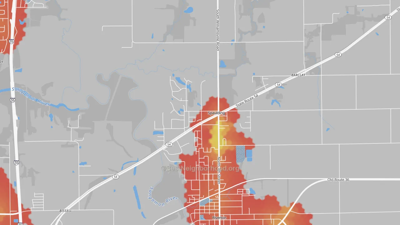 Walk Grade map of Spaulding, IL, walkable areas in green and car-dependent areas in red