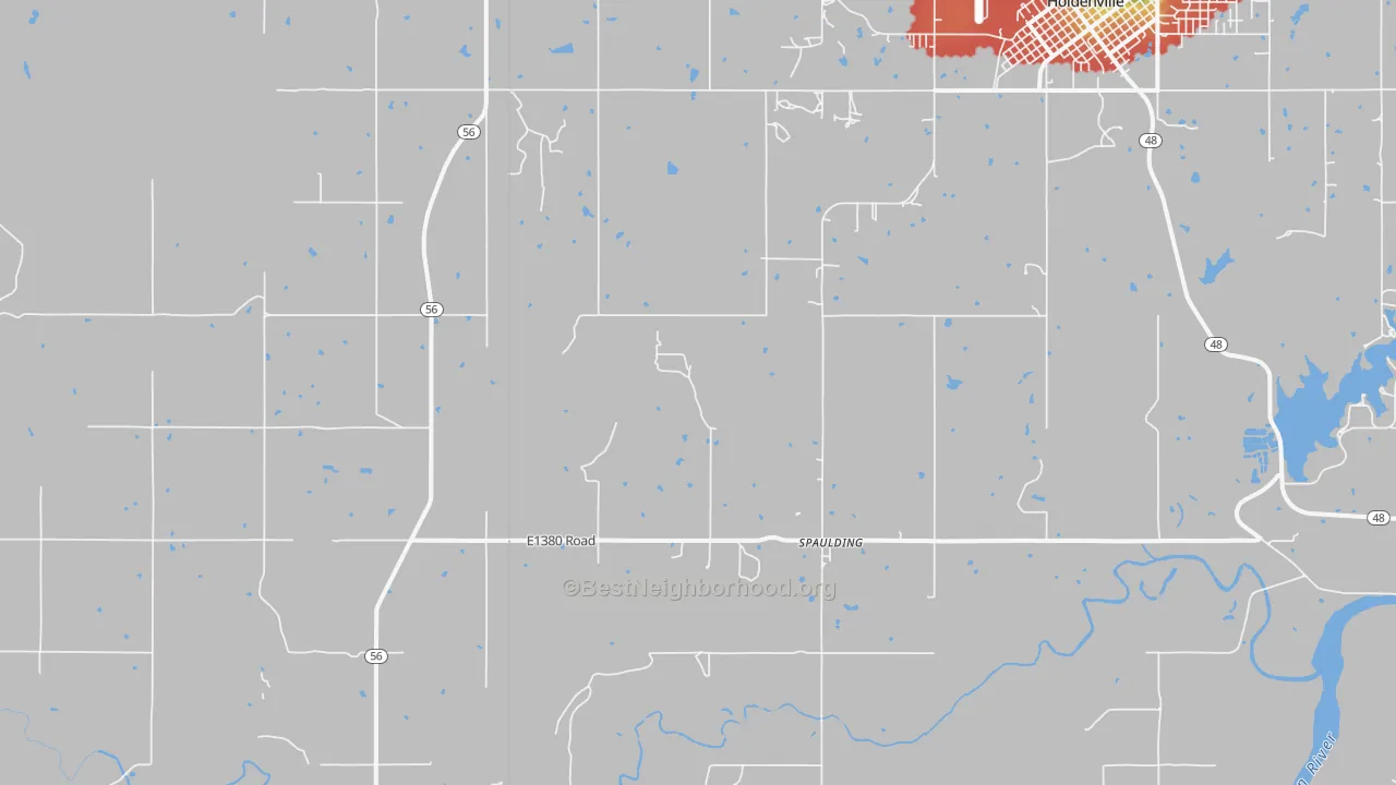 Walk Grade map of Spaulding, OK, walkable areas in green and car-dependent areas in red
