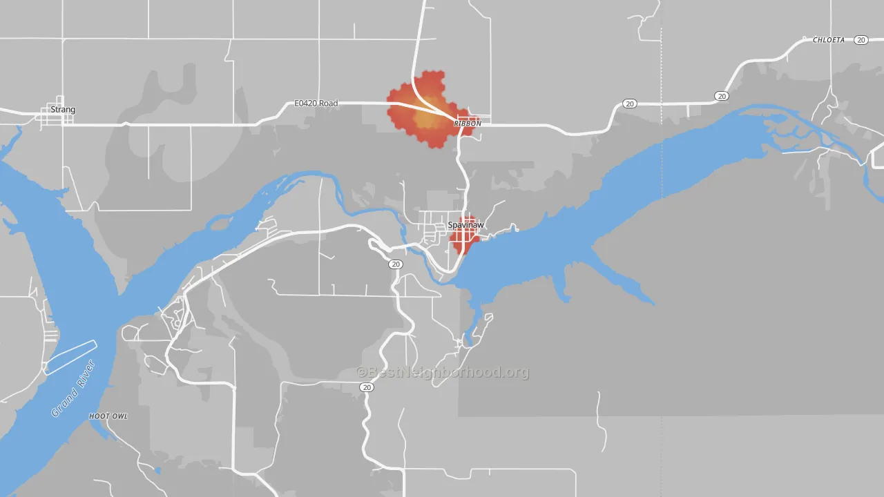 Walk Grade map of Spavinaw, OK, walkable areas in green and car-dependent areas in red