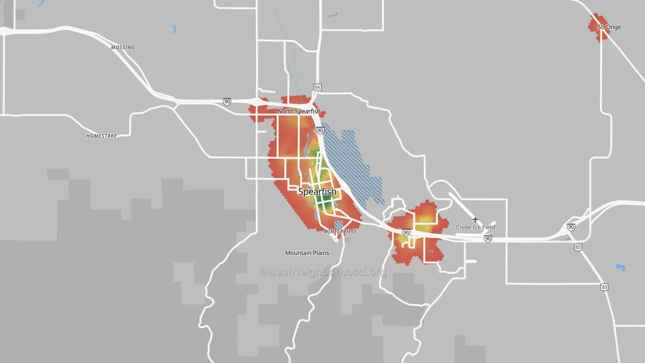 Walk Grade map of Spearfish, SD, walkable areas in green and car-dependent areas in red