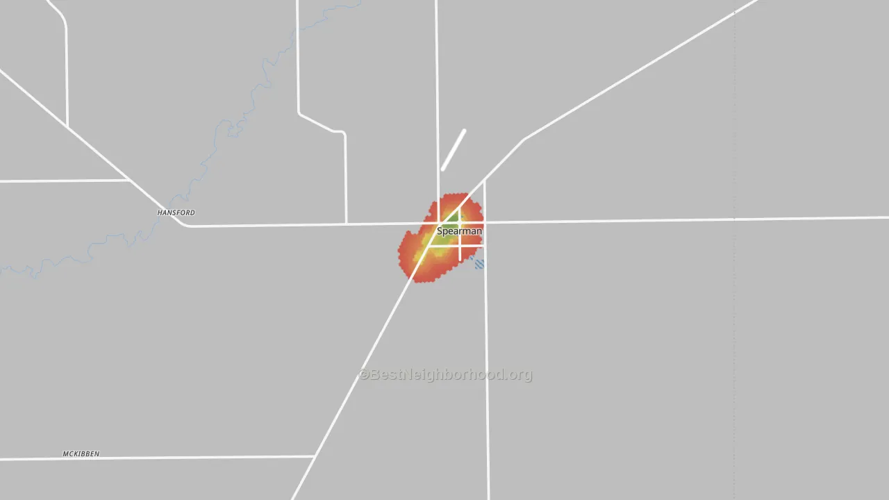 Walk Grade map of Spearman, TX, walkable areas in green and car-dependent areas in red