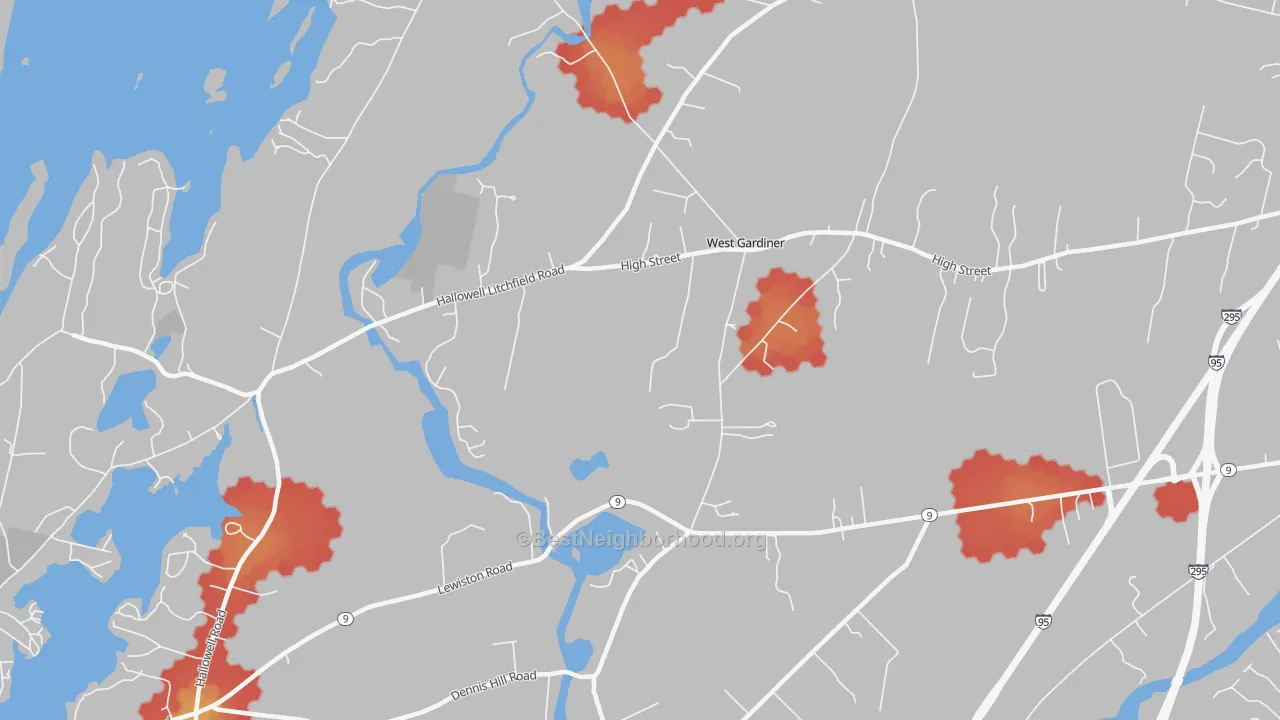 Walk Grade map of Spears Corner, ME, walkable areas in green and car-dependent areas in red