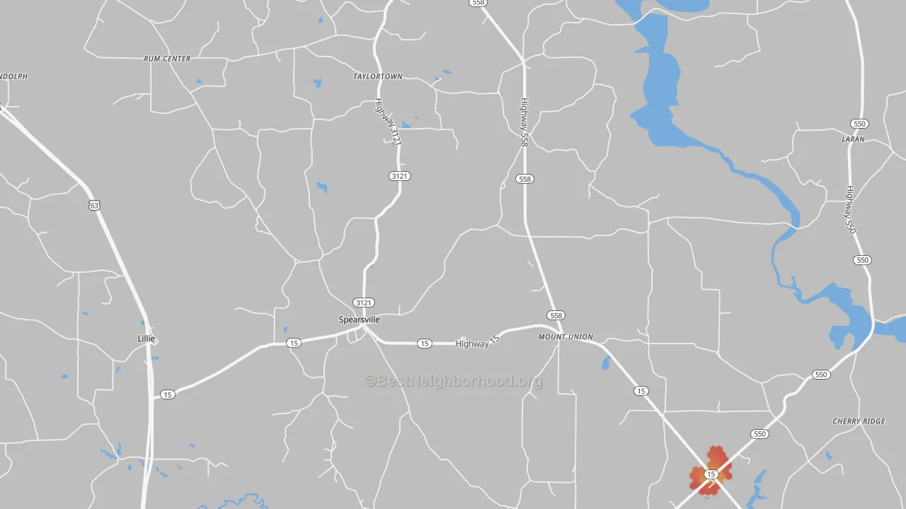 Walk Grade map of Spearsville, LA, walkable areas in green and car-dependent areas in red